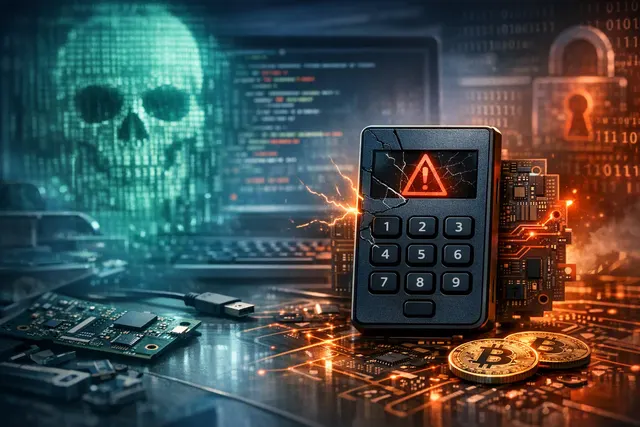 Abstract representation of a Coldcard hardware wallet with a broken shield and a chain link breaking, symbolizing the firmware bug that compromised seed phrase generation.