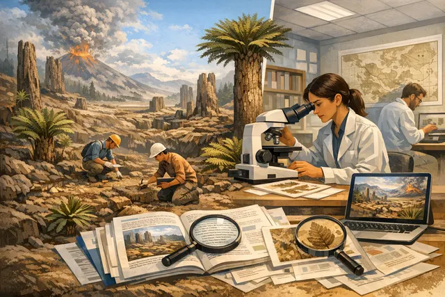 AI-generated illustration of a Late Cretaceous forest with large flowering trees, ferns, and a dinosaur, based on the fossil discovery at Dori's Tuff in New Mexico.