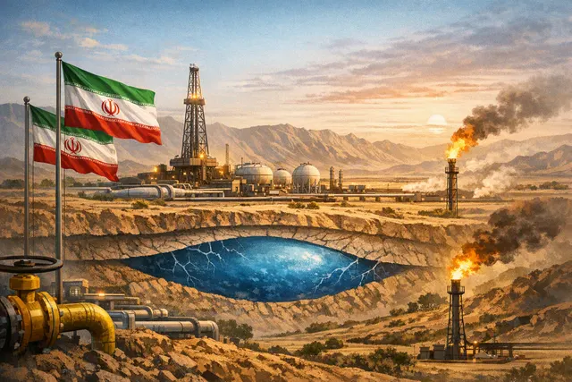 Editorial illustration of Iran’s newly announced natural-gas discovery in southern Fars Province, with gas infrastructure and a map of the Strait of Hormuz