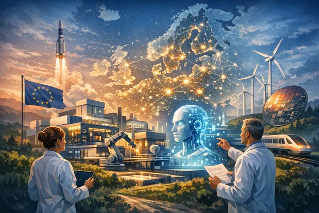 AI-generated illustration of a futuristic European AI gigafactory with data center servers and glowing European Union stars.