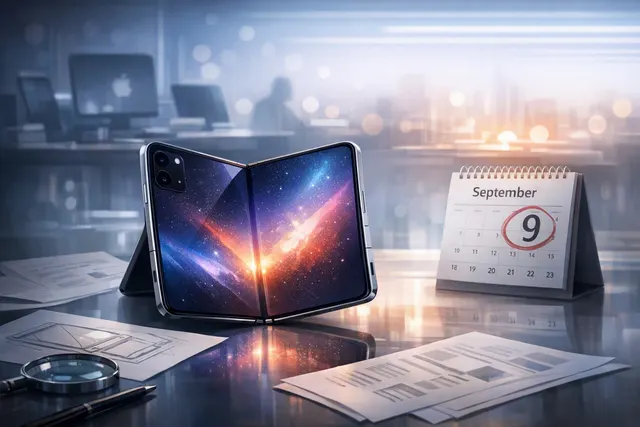 Illustration of a rumored Apple foldable iPhone Ultra opening into a wide tablet-like display