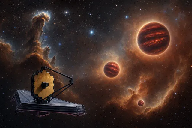 Editorial illustration of Webb observing the IC 348 star-forming region and its faint brown dwarfs