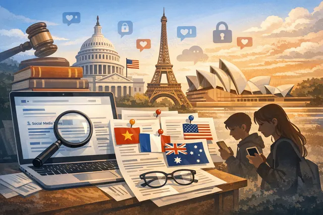 A collage of social media app icons with a gavel and legislative documents, representing new global laws restricting minors' social media use.