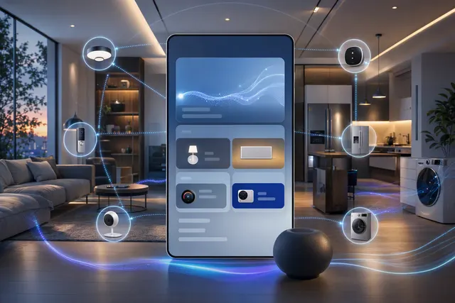 Illustration of a smart home interface surfacing contextual device controls and suggestions