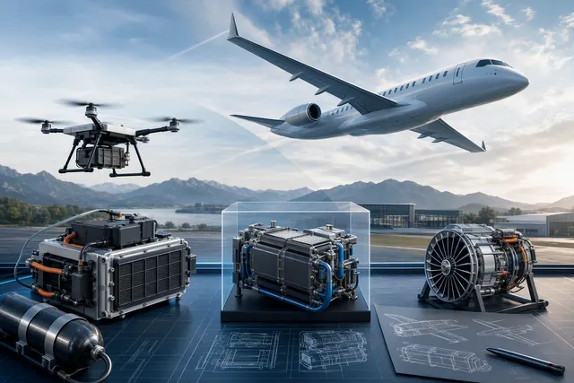 Illustration of a hydrogen-powered aircraft propulsion system and electric aircraft