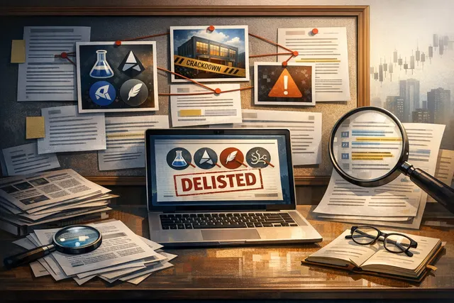 Binance delisting announcement visual with four token logos (ALCX, ARDR, NFP, POND) and a timeline graphic