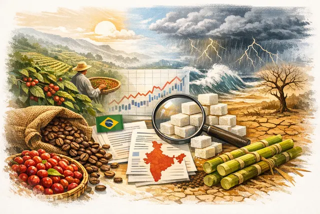 Aerial photograph of a coffee plantation with rows of coffee plants and a worker carrying a basket, symbolizing the global coffee supply chain under weather and inventory pressure.