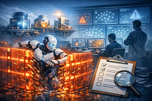 Editorial illustration of an AI system surrounded by monitoring and containment controls