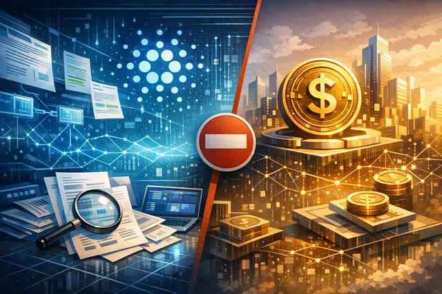 Conceptual illustration of Cardano's blockchain symbol being excluded from a circle of major financial and tech logos representing the Open USD consortium, with a stablecoin dollar