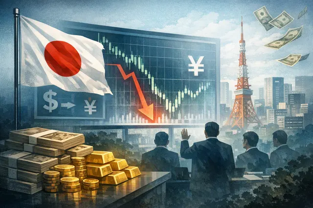 Illustration of Japan’s yen intervention, with yen and dollar symbols, currency-market charts and U.S.-Japan financial cooperation