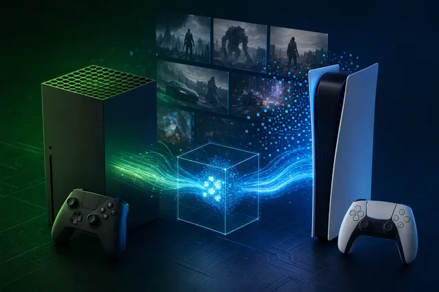 Editorial illustration representing PS5 game emulation on an Xbox Series X