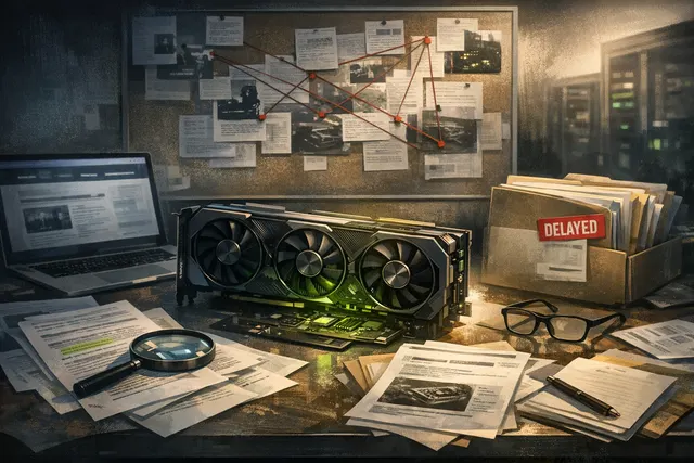 Abstract glowing Nvidia GeForce RTX GPU chip with a large 'SUPER' text overlay, representing the delayed RTX 50 Super series.