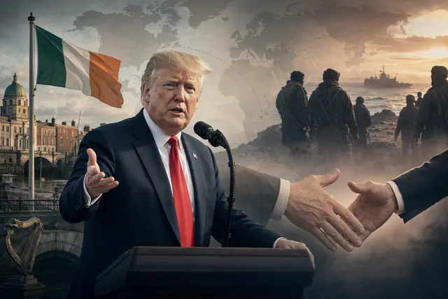 Editorial illustration about Trump’s Dublin remarks and Houthi advances near the Red Sea shipping route