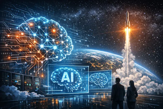 Futuristic digital illustration of a humanoid brain composed of neon blue AI circuitry and coding symbols, with a glowing xAI logo at its center, representing the powerful new Grok