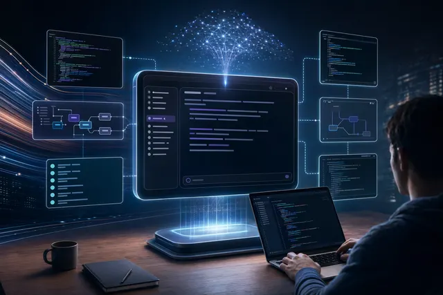 Illustration of the Grok Build AI coding agent running in a developer terminal environment