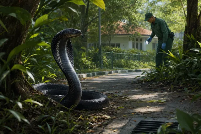 AI-generated illustration accompanying a report about black spitting cobra sightings in Singapore