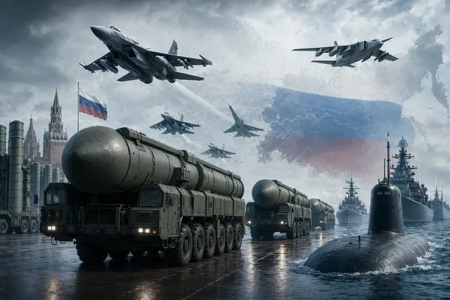 Illustration of large-scale nuclear missile forces exercise involving launchers, aircraft, ships and submarines