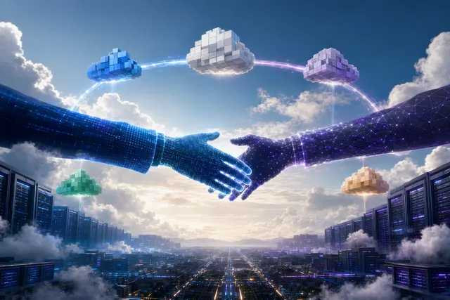 象徵 OpenAI 與 Microsoft 雲端合作重組的抽象資料中心與 AI 網路圖像