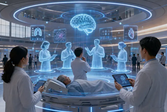 AI-generated editorial illustration representing specialist AI agents supporting outpatient clinical decision-making