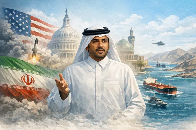 Editorial illustration of Qatar diplomacy, U.S.–Iran negotiations and shipping through the Strait of Hormuz