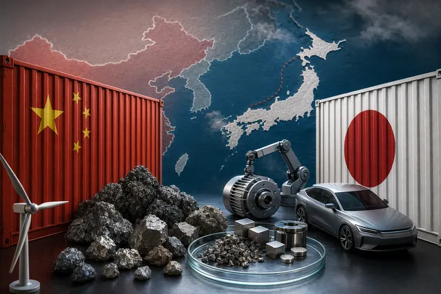 Concept illustration of rare earth minerals trade tension between China and Japan affecting technology supply chains
