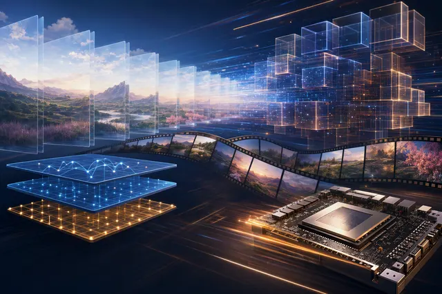 Illustration of AI-generated video frames and the computing workflow used to accelerate video generation