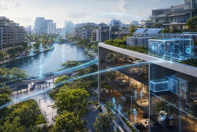 Illustration of a smart urban district with connected buildings and digital data flows