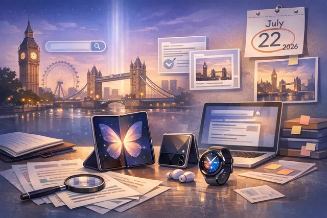 Samsung Galaxy Unpacked event invitation graphic with foldable phone silhouette against London skyline