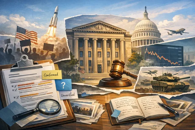 A montage of news headlines from June 2026, including the U.S. Department of Justice seal, a map of Ukraine, and the European Union flag.