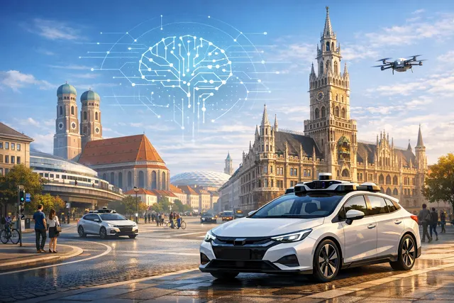 Autonomous robotaxi concept in a Munich urban setting with the Uber, Autobrains, and NVIDIA logos