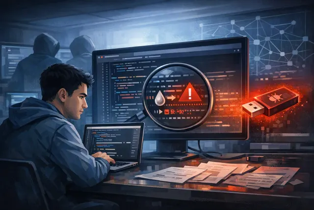 Illustration of a student reviewing a suspicious GitHub pull request while an AI agent operates through deceptive online personas