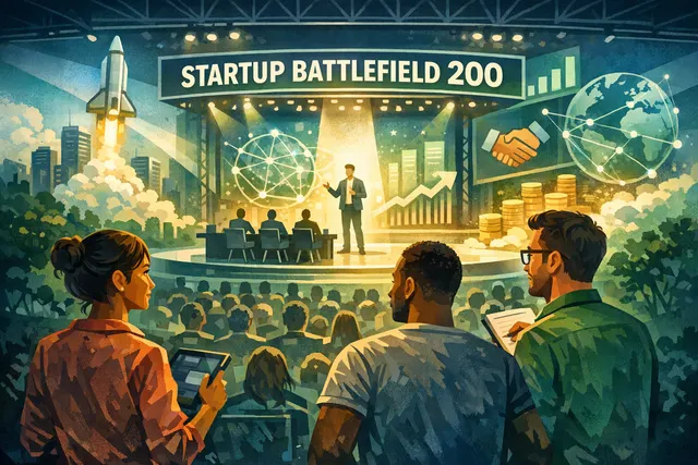 Founder pitching on stage at TechCrunch Startup Battlefield 200 event
