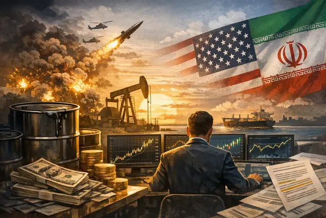 A stylized illustration of an oil barrel and rising price chart against a background of the Strait of Hormuz and military silhouettes, representing the surge in Brent crude and hed