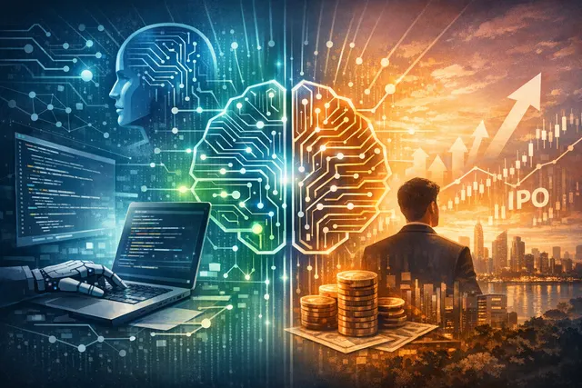 Illustration of the ChatGPT interface transforming into a connected superapp with integrated coding tools, AI agents, and app icons for Canva, Booking, and Spotify.