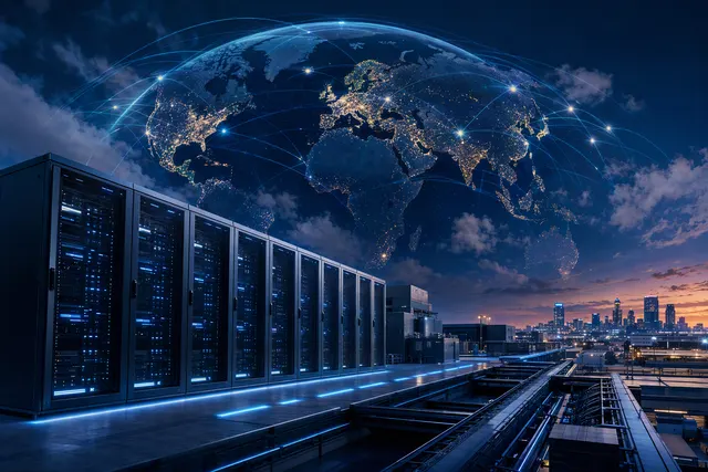 Illustration of a large data center campus representing the infrastructure behind AI computing.