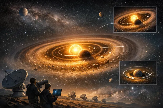 Artistic rendering of a bright protoplanetary dust ring illuminated by a central star, with subtle gravitational imprints revealing a hidden newborn planet within the disk.