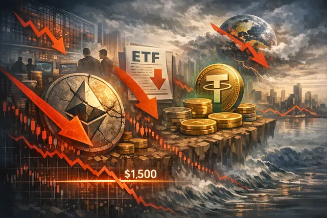 Ethereum price chart showing a sharp decline to $1,500 with whale selling and ETF outflow indicators in the background