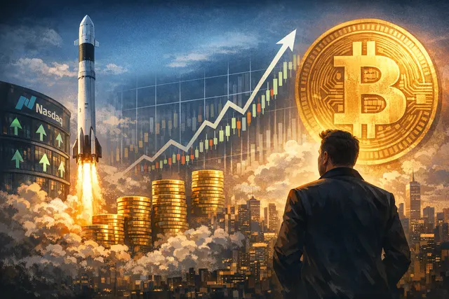 An abstract digital chart showing SpaceX's stock price and market cap surging past Amazon and Bitcoin, with a silhouette of Elon Musk in the foreground.