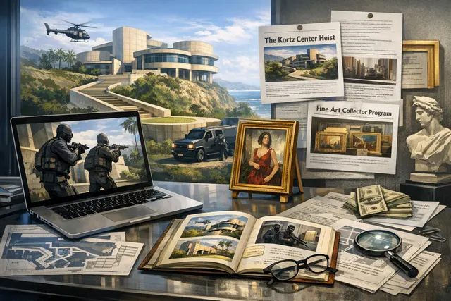 Concept art of the Kortz Center art gallery in Pacific Bluffs, the setting for GTA Online's new heist