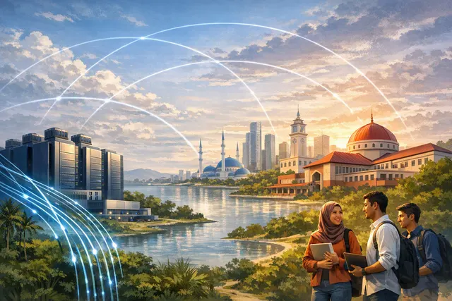 Abstract illustration representing Tencent Cloud’s Johor expansion and AI talent programme in Malaysia