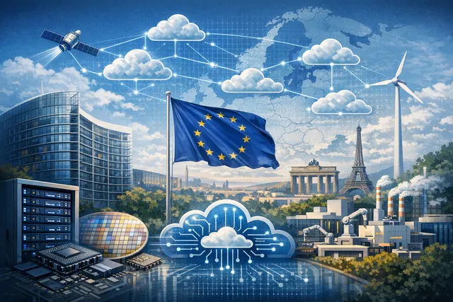 A symbolic depiction of the European Union's drive for digital independence, showing a map of Europe composed of circuit-like cloud infrastructure connections shielded from externa
