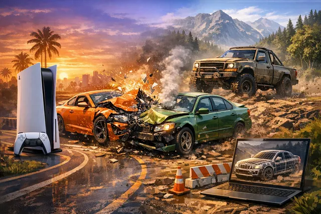 An editorial image combining the BeamNG.drive logo, a crash-tested vehicle, and a PlayStation 5.
