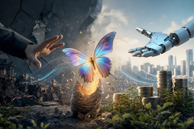 Editorial illustration representing AI-agent startup Manus and its independent funding.