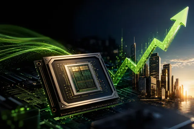 Editorial illustration accompanying Nvidia’s stock record and the outlook for AI-chip demand