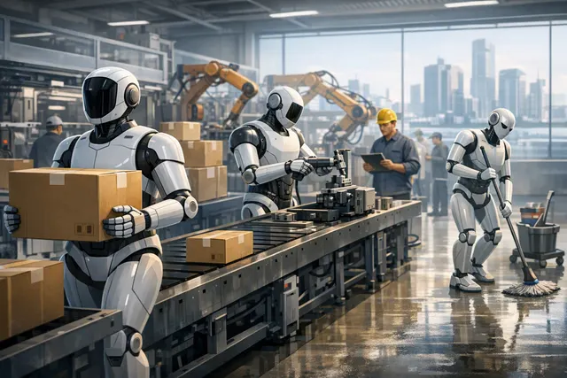 Humanoid robot performing an industrial task in a modern factory, illustrating China’s shift from robot demonstrations to commercial work