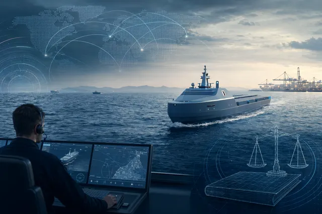 Concept illustration of an autonomous cargo ship operating with remote control and AI navigation systems under future maritime regulations