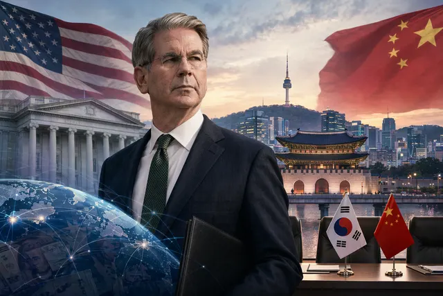 AI-generated editorial illustration of Scott Bessent’s reported Seoul stop ahead of a Trump-Xi summit