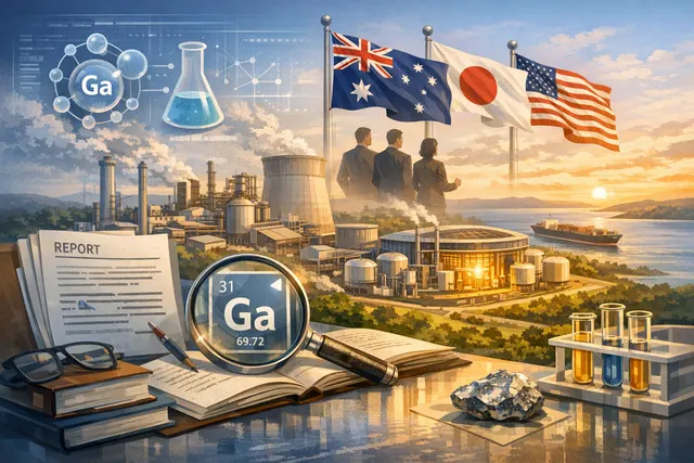 An artistic illustration of an industrial refinery complex with the words 'Alcoa, Gallium, and Geopolitics' overlaid, representing the new Alcoa gallium production plant at the Wag