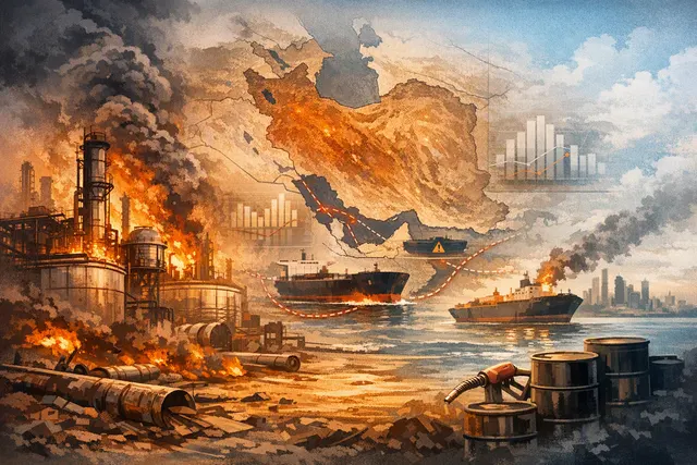 AI-generated illustration of Middle East oil refineries, fuel tankers and disrupted maritime routes