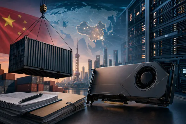 Editorial illustration representing Nvidia RTX PRO 5500 workstation graphics cards and AI chip supply to China